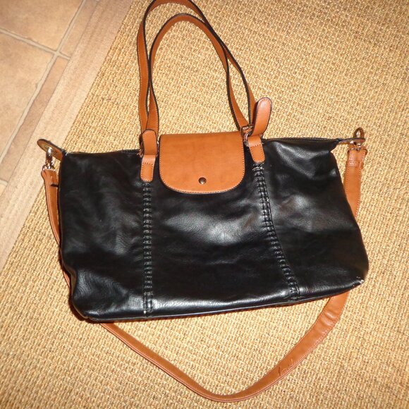 Kelly & Katie Satchel Bag Black/Tan Double Adj. Handle Straps Zip/Snap Closure - Picture 13 of 14